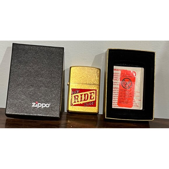 Zippo Gold Tone Lighter Eat Ride Sleep Design In Original Box Vintage - Picture 2 of 5